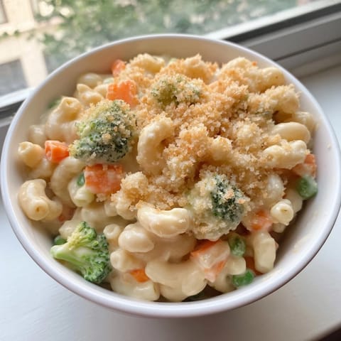 Golden-brown baked Garden Veg Mac and Cheese bubbling with peas, broccoli, and carrots in a ceramic dish.