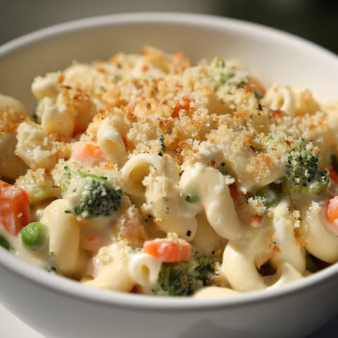 A close-up of creamy Garden Veg Mac and Cheese topped with crispy panko breadcrumbs and melted cheddar.
