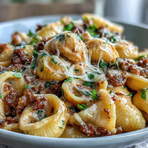 Tender pasta shells bathing in a rich sauce in this one pot meal.