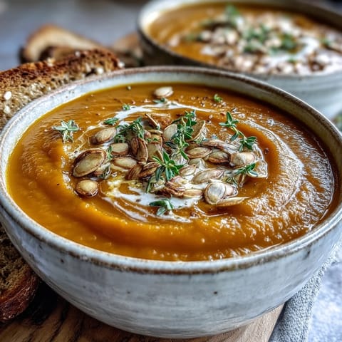 Freshly blended Roasted Butternut Squash Soup in a rustic bowl, topped with pumpkin seeds and thyme. 