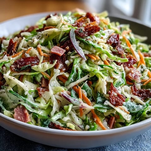 Topped with fresh parsley, the German Cabbage Coleslaw With Shredded Ham rests in a rustic white bowl beside sliced bratwurst for a hearty meal.