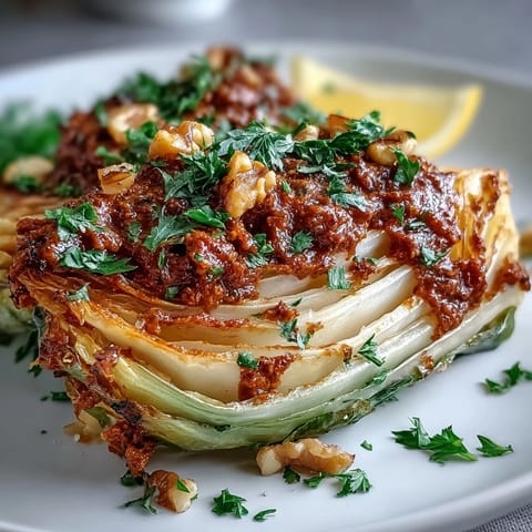 Golden roasted cabbage wedges glistening with olive oil, topped with a rich, nutty winter romesco sauce and fresh parsley.