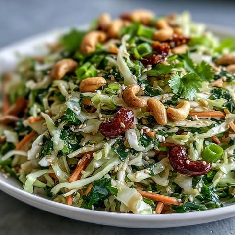 Freshly tossed Asian Cabbage Salad with crisp green and purple cabbage, shredded carrots, and toasted sesame seeds glistening in a savory ginger dressing.