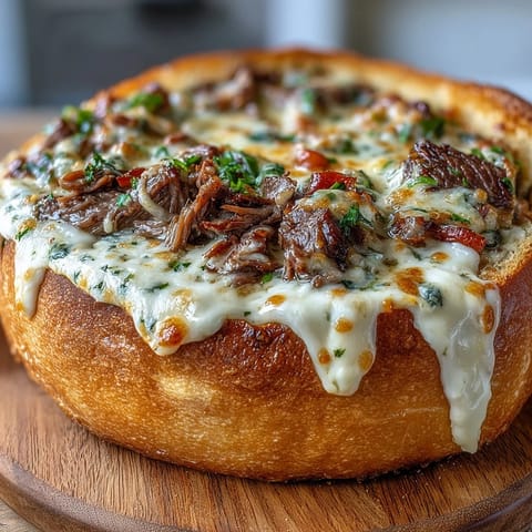 A creamy Philly Cheesesteak Dip scooped onto a toasted baguette slice, revealing tender shaved ribeye, peppers, and onions.