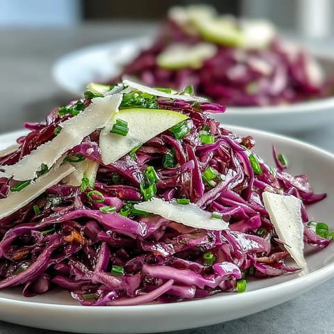 Freshly tossed Red Cabbage Coleslaw with Apple and Parmesan in a tangy vinaigrette, served in a rustic white bowl.
