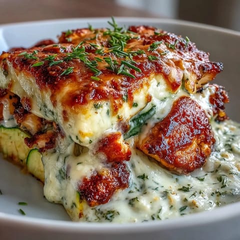 Sliced into a hearty serving revealing layers of tender chicken and crisp zucchini.