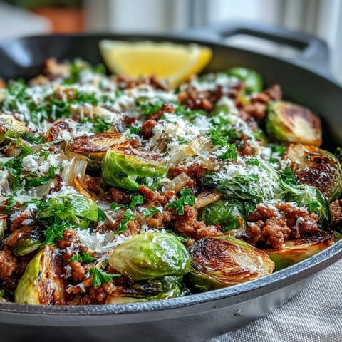 Bright lemon juice and melted Parmesan cheese finish this easy one-pan Brussels Sprouts & Ground Turkey Skillet.