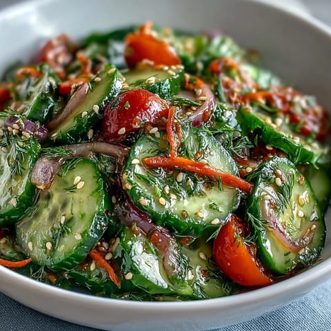 Thinly sliced cucumbers, red onion, and fresh dill tossed in a tangy vinegar dressing, making this Refreshing Crunchy Cucumber Salad chilled and crisp.