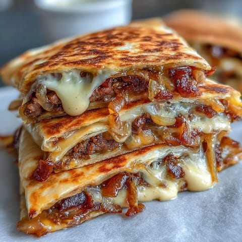 A close-up shows the crispy flour tortilla stuffed with smashed beef patties and sweet, softened onions.