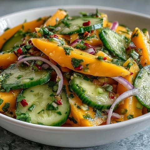 Bright citrus-sweet Refreshing Mango Salad with red bell pepper, red onion, and cucumber, served in a white bowl.