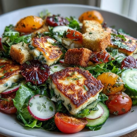 Golden-brown halloumi, crunchy sourdough croutons, and juicy blood orange make this Halloumi Blood Orange Fattoush a colorful dish.
