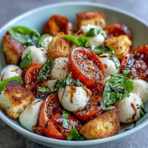 Fresh mozzarella balls and juicy tomatoes in a Caprese Salad Bowl, topped with torn sourdough croutons and basil leaves.  