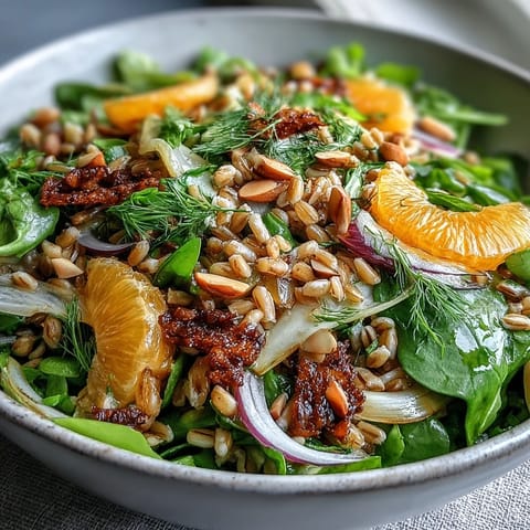 Tossing the Farro Salad Bowl with Fennel, Oranges & Almonds, drizzling zesty vinaigrette over chewy grains and crisp greens.