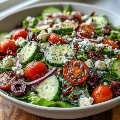 Vibrant Mediterranean Green Salad Bowl with crisp spring mix, juicy tomatoes, cucumber, Kalamata olives, and creamy feta, dressed in tangy Greek vinaigrette.