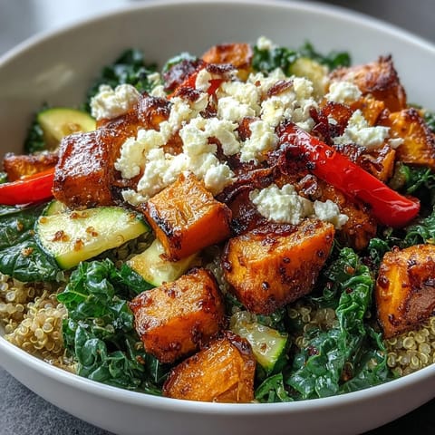 Close-up view of a warm salad bowl featuring quinoa, roasted sweet potatoes, and fresh spinach tossed in a savory vinaigrette.  