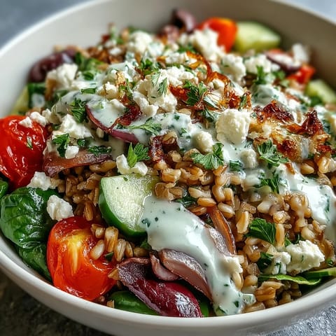 A hearty Mediterranean Farro Bowl topped with feta, olives, and fresh parsley, served as a nutritious main dish.