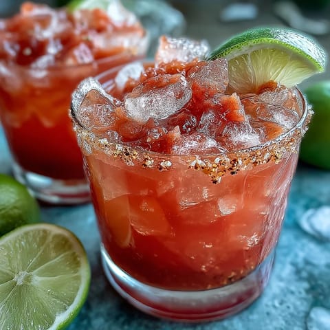 Freshly shaken Best Guava Margarita with a frothy top, lime wheel, and Tajín rim beside tropical fruit. 