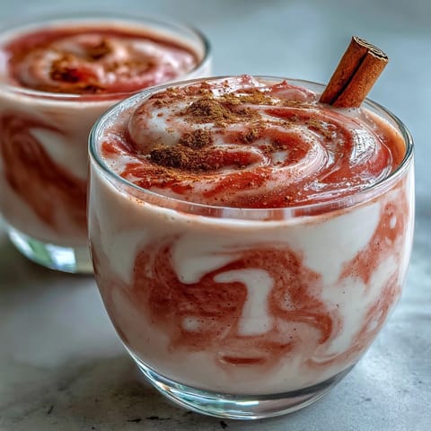 Festive chilled Guava Coquito being poured into a small glass