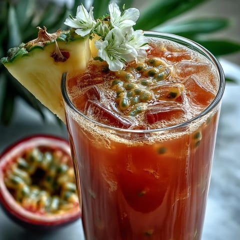 Tall glass of Iced Guava Passionfruit Drink with ice cubes and a pineapple wedge garnish.