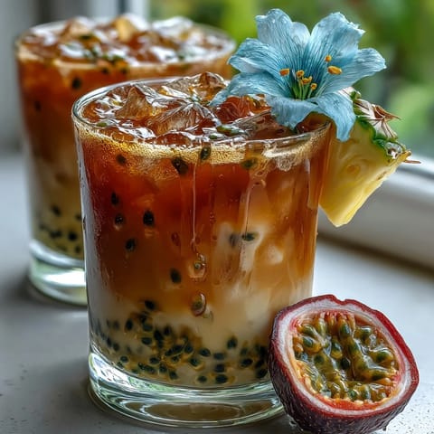 A frothy, tropical Iced Guava Passionfruit Drink poured over ice with vibrant guava and passionfruit hues.