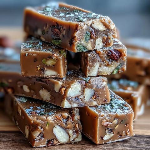 Homemade Hojicha Nougat with roasted almonds and pistachios, cut into rustic squares on a dark slate serving board.