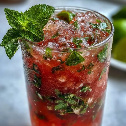 Vibrant pink guava mojito topped with club soda and fresh mint garnish, served over crushed ice.