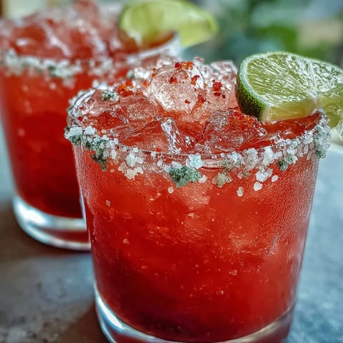 Vibrant pink Guava Margarita in a salt-rimmed glass, garnished with lime and ready to serve over ice.