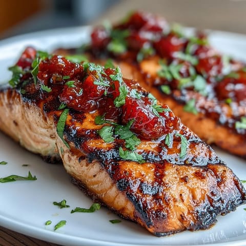 Grilled salmon fillets topped with bright strawberry salsa for a refreshing spring dinner.