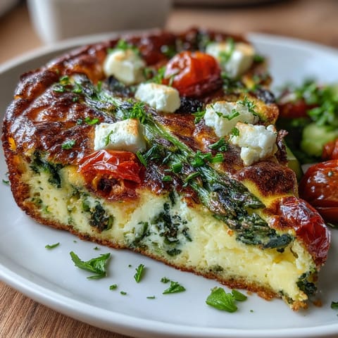 A fluffy spring veggie frittata with asparagus, goat cheese, and fresh herbs, baked to golden perfection.