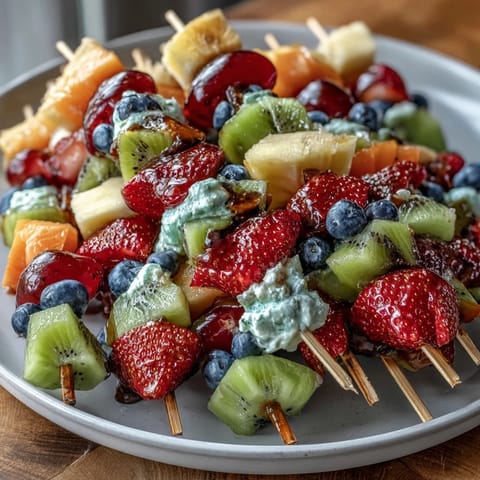Colorful bento box with fruit skewers, yogurt dip, and kid-friendly sandwiches—perfect for school lunches or picnics.