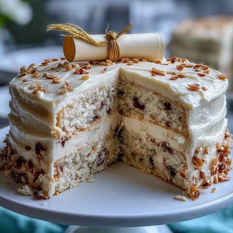 Festive vanilla sponge cake decorated with creamy buttercream, shimmering gold foil, and a diploma-shaped cake topper for graduation parties.