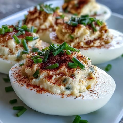 Classic Deviled Eggs with Paprika and Chives: Creamy yolk filling piped into halved egg whites, dusted with smoky paprika and fresh chives for a tangy, elegant appetizer.