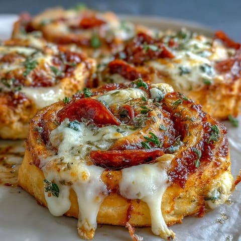 Savory pizza pinwheels with pepperoni and mozzarella, baked until golden and bubbling. Flaky pastry spirals make a perfect appetizer or party snack.