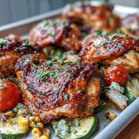 Juicy chicken breasts roast alongside sweet corn and tender zucchini on a colorful sheet pan for an easy summer dinner.  