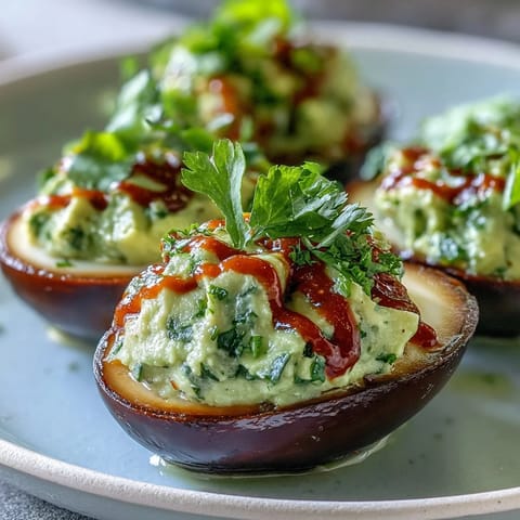 Creamy avocado deviled eggs with a spicy Sriracha drizzle, perfect for healthy appetizers or party snacks.