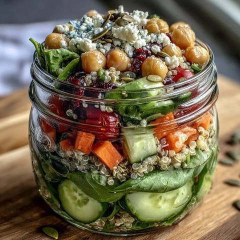 Vibrant layered mason jar salads packed with fresh greens, cherry tomatoes, and quinoa for healthy meal prep.