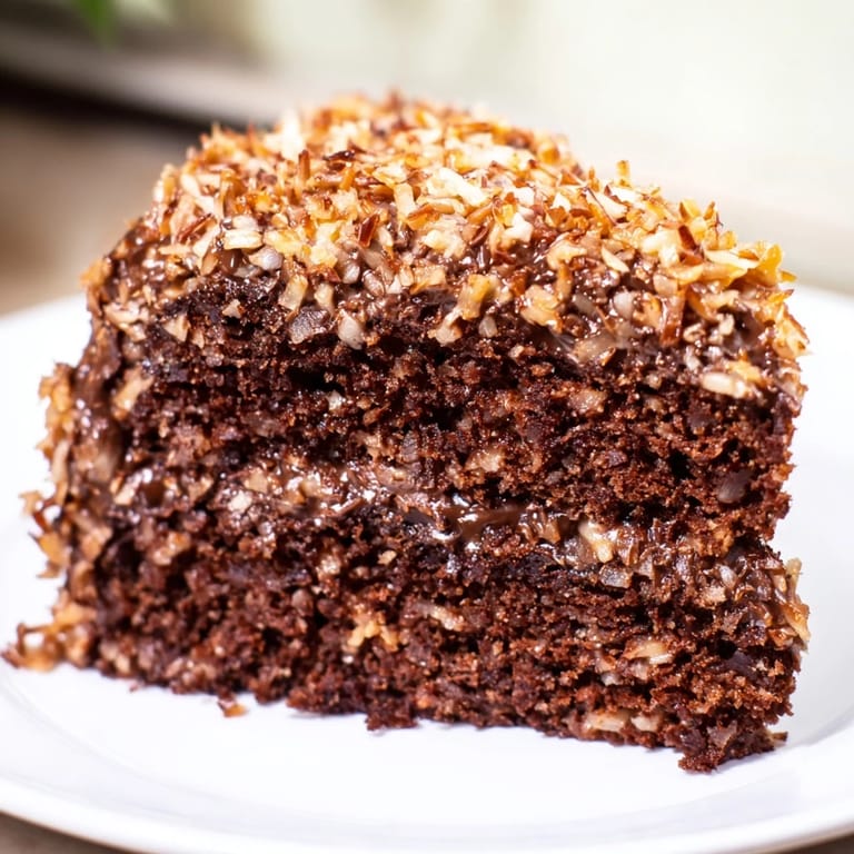 Close-up of a layered German Chocolate Cake, showcasing the fluffy frosting and nutty texture.