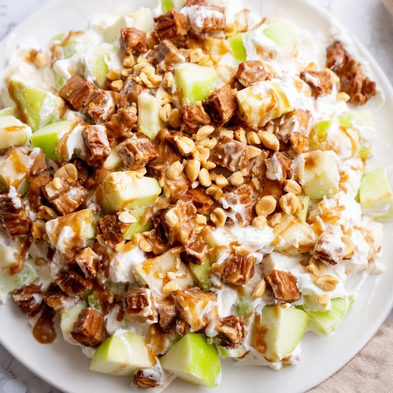 Sweet and crunchy Snickers Salad, beautifully served, bursting with flavors and tempting textures.