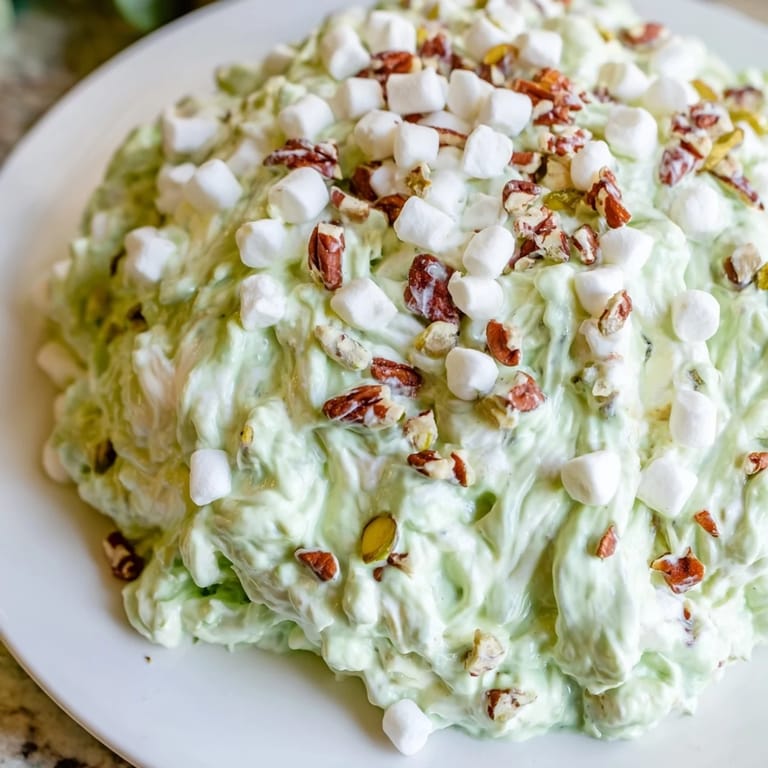 Close-up of Watergate Salad, showing fluffy whipped topping and vibrant green pudding mixture.
