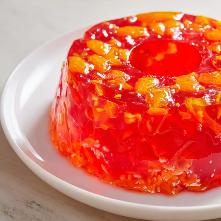 Cool, jiggly Jell-O Salad with creamy cottage cheese and colorful fruit ready to be sliced and served.