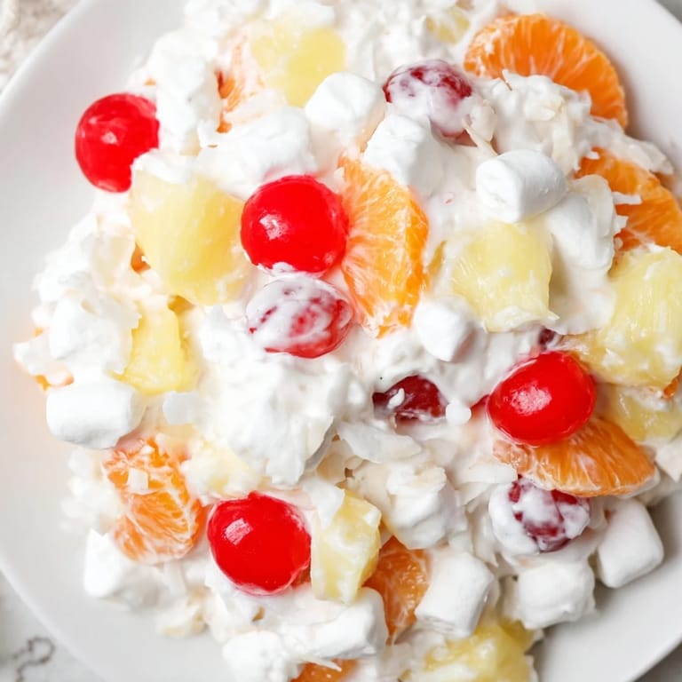 Vibrant photo of creamy Ambrosia Salad showcasing mandarin oranges in a chilled serving bowl.