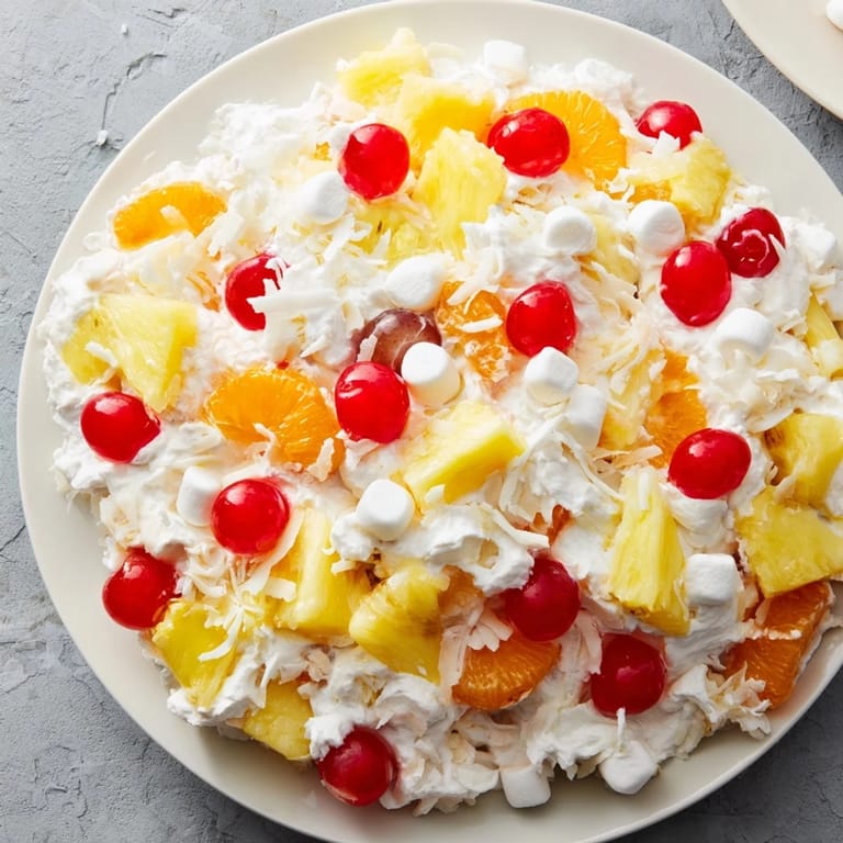 Close-up of Ambrosia Salad, highlighting the sweet coconut and whipped cream topping, ready to serve.
