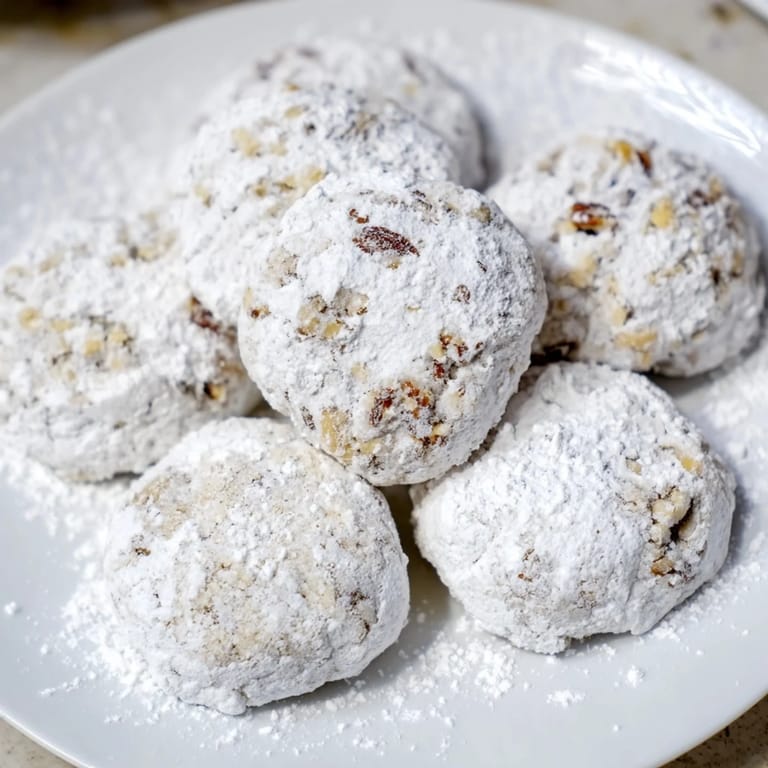 Close-up of golden Mexican Wedding Cookies, buttery and nutty, perfect alongside warm coffee.