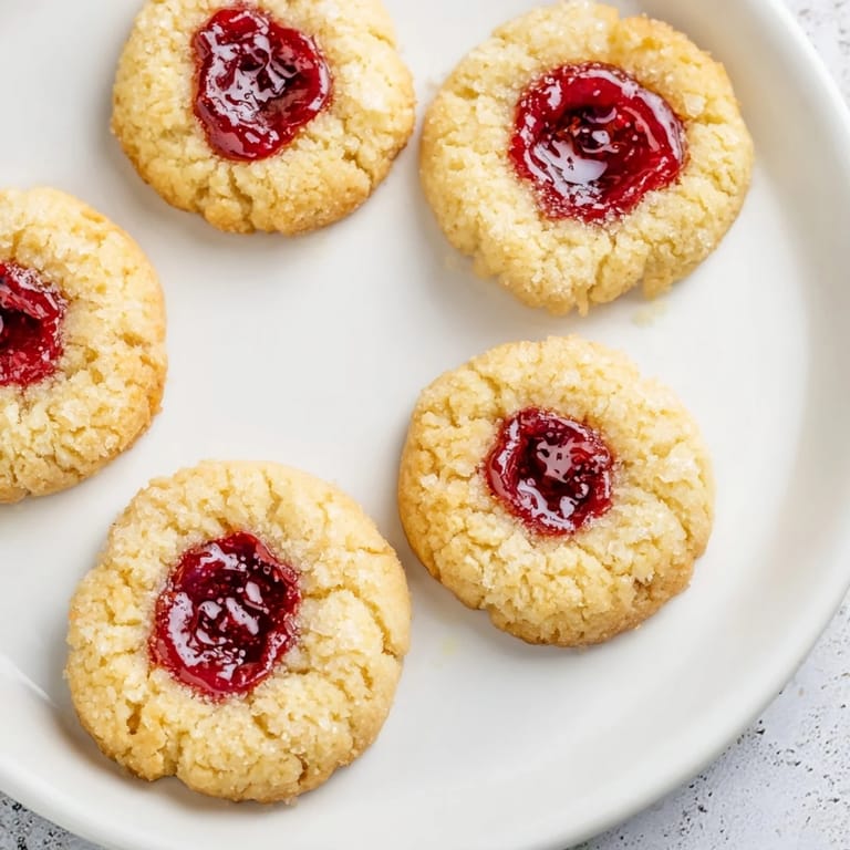 A close-up of delicious thumbprint cookies, perfectly showcasing the vibrant jam fillings.