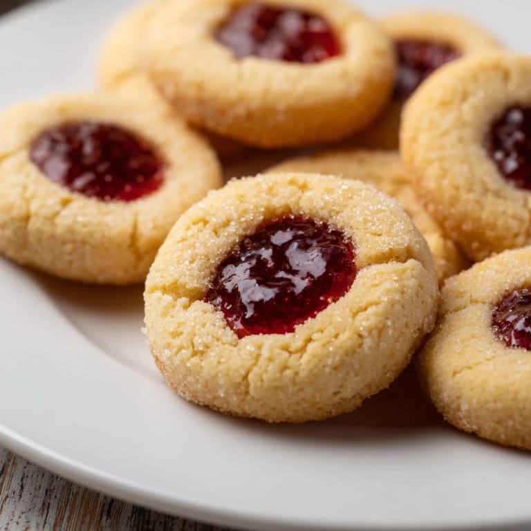 Warm, buttery thumbprint cookies, ready to eat and filled with colorful fruit preserves.