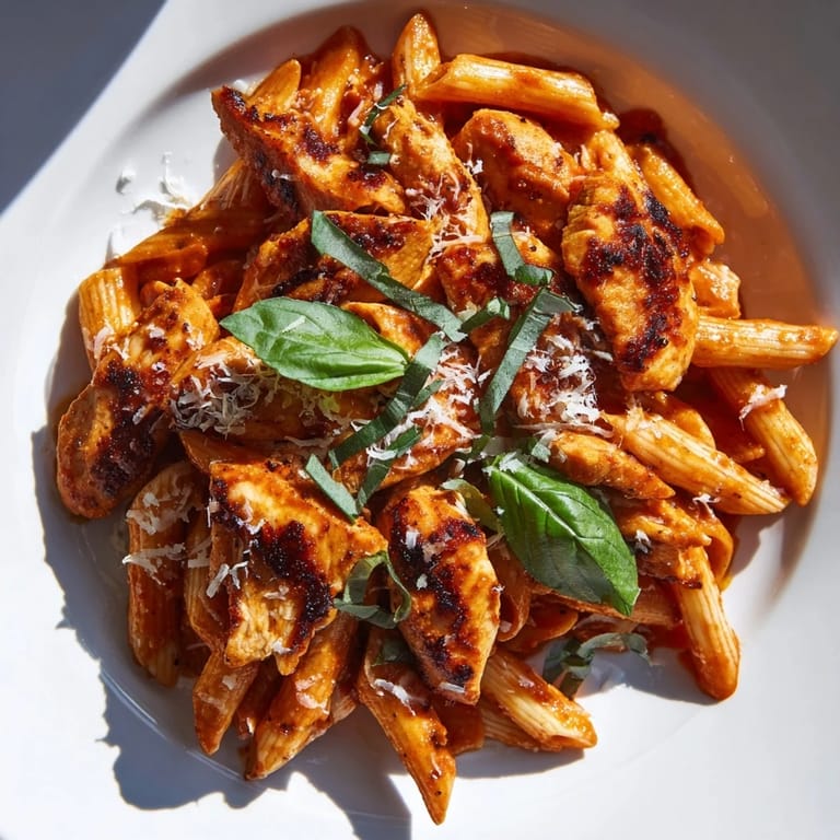 Golden seared chicken strips rest over Spicy Tomato Chicken Pasta, garnished with fresh basil and optional Parmesan against a rustic wooden background.  