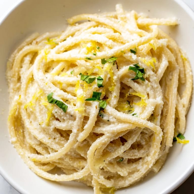 Freshly tossed Lemon Ricotta Pasta with spaghetti noodles coated in zesty ricotta sauce and olive oil.