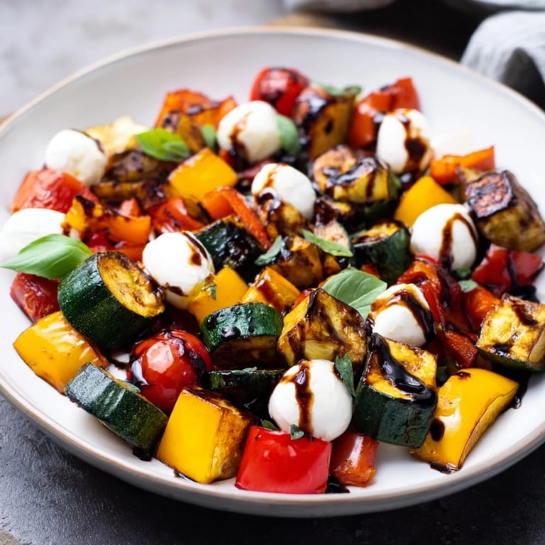 A warm Roasted Veggie Caprese Salad with tender roasted vegetables, fresh basil leaves, and mozzarella pearls glistening.