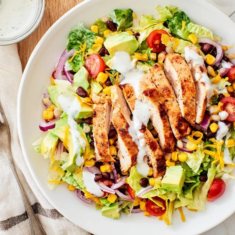 Hearty BBQ Chicken Salad features juicy chicken, charred corn, and beans on fresh greens, finished with lime-cilantro ranch.