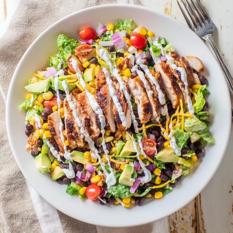 Vibrant salad bowl with tender grilled BBQ chicken, sweet corn, black beans, tomatoes, and avocado, topped with rich ranch dressing.  